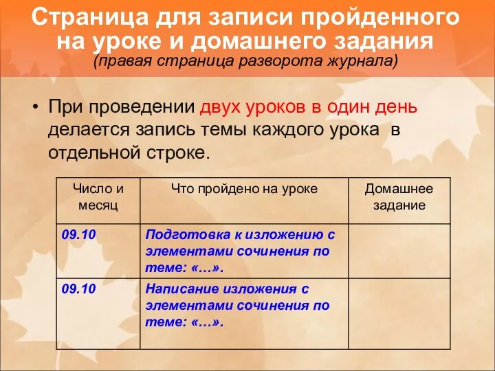 При проведении двух уроков в один день делается запись темы каждого