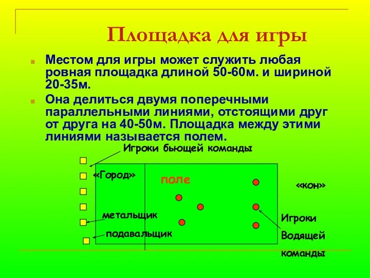 Площадка для игры Местом для игры может служить любая ровная площадка