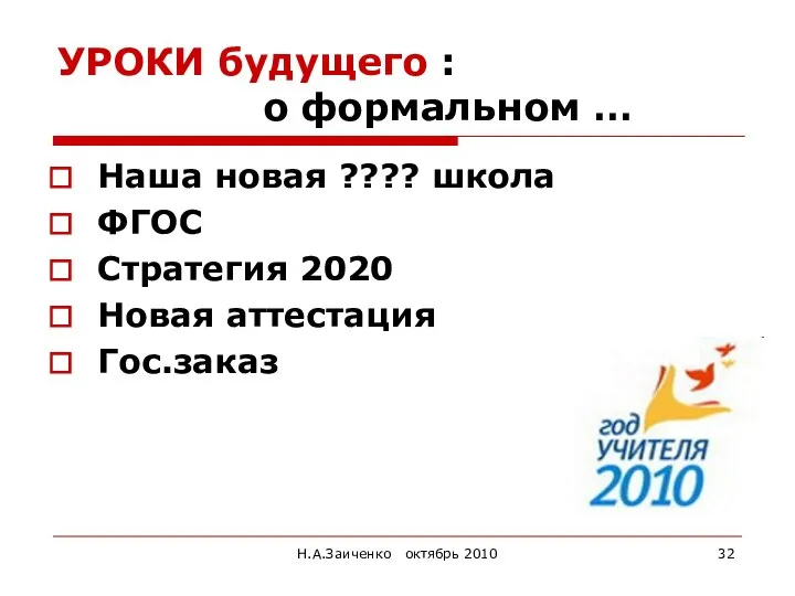 Н.А.Заиченко октябрь 2010 УРОКИ будущего : о формальном … Наша новая