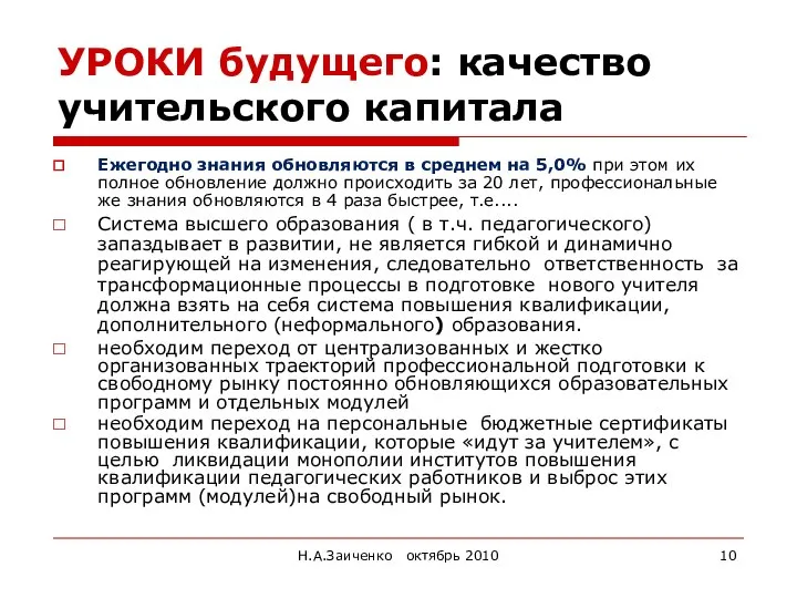 Н.А.Заиченко октябрь 2010 УРОКИ будущего: качество учительского капитала Ежегодно знания обновляются