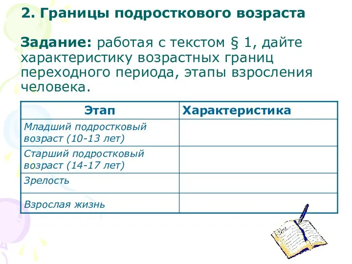 2. Границы подросткового возраста Задание: работая с текстом § 1, дайте