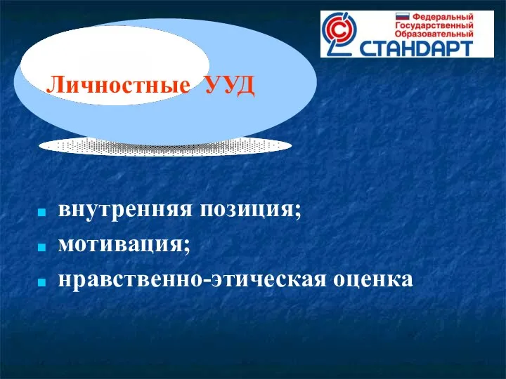 внутренняя позиция; мотивация; нравственно-этическая оценка Личностные УУД