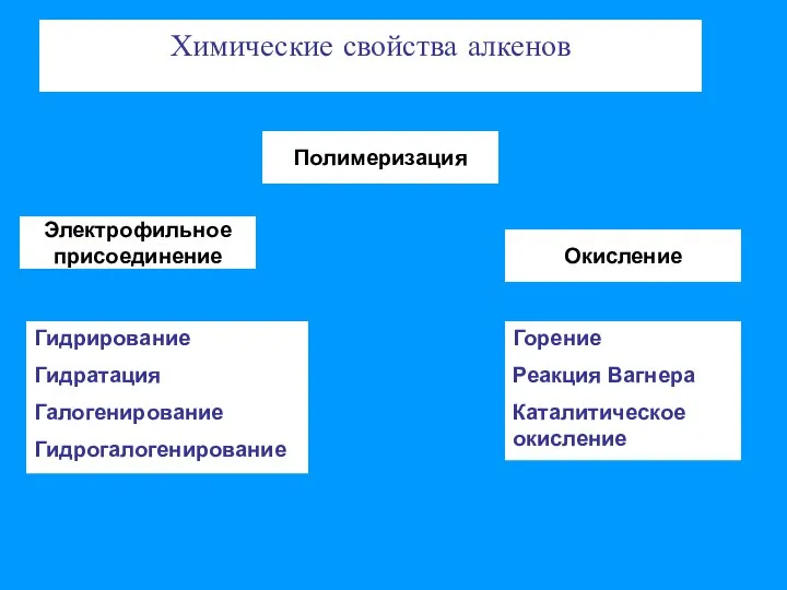 Химические свойства алкенов Электрофильное присоединение Полимеризация Окисление Гидрирование Гидратация Галогенирование Гидрогалогенирование Горение Реакция Вагнера Каталитическое окисление