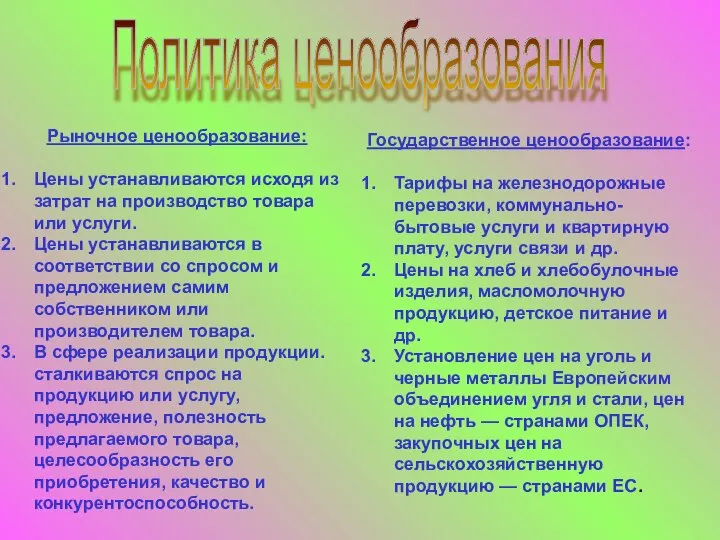 Политика ценообразования Рыночное ценообразование: Цены устанавливаются исходя из затрат на производство