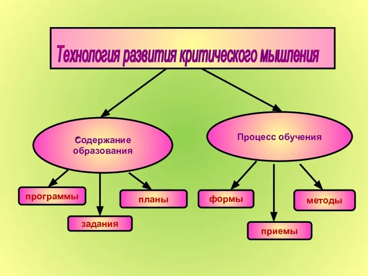 Содержание образования Процесс обучения программы задания планы методы приемы формы Технология развития критического мышления