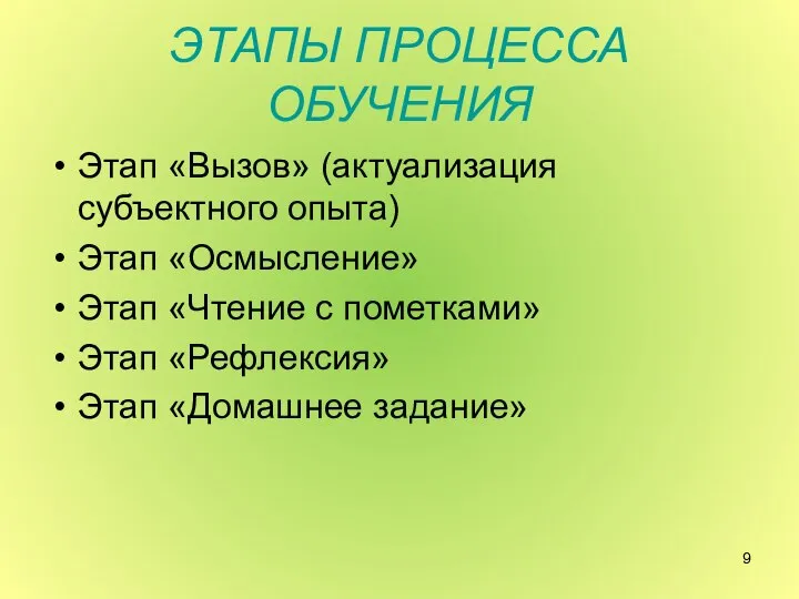 ЭТАПЫ ПРОЦЕССА ОБУЧЕНИЯ Этап «Вызов» (актуализация субъектного опыта) Этап «Осмысление» Этап