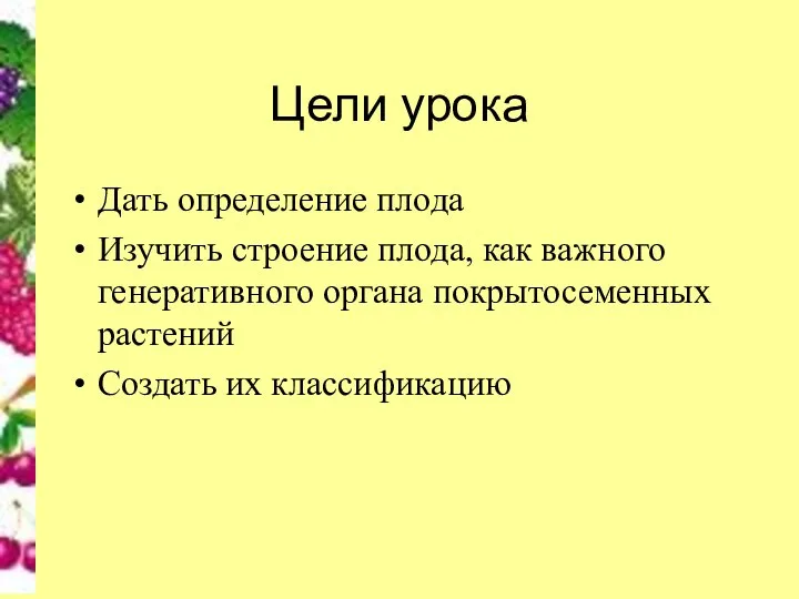 Цели урока Дать определение плода Изучить строение плода, как важного генеративного