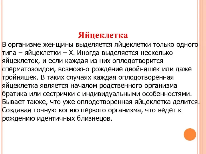 Яйцеклетка В организме женщины выделяется яйцеклетки только одного типа – яйцеклетки