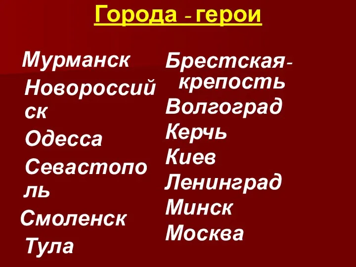 Мурманск Новороссийск Одесса Севастополь Смоленск Тула Брестская-крепость Волгоград Керчь Киев Ленинград Минск Москва Города - герои