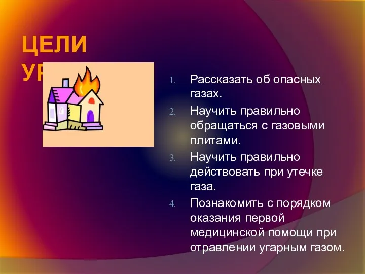 Цели урока: Рассказать об опасных газах. Научить правильно обращаться с газовыми