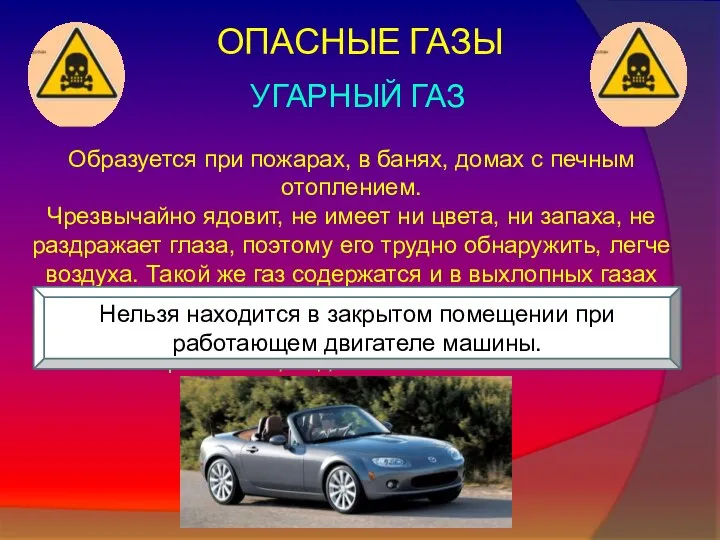 ОПАСНЫЕ ГАЗЫ УГАРНЫЙ ГАЗ Образуется при пожарах, в банях, домах с