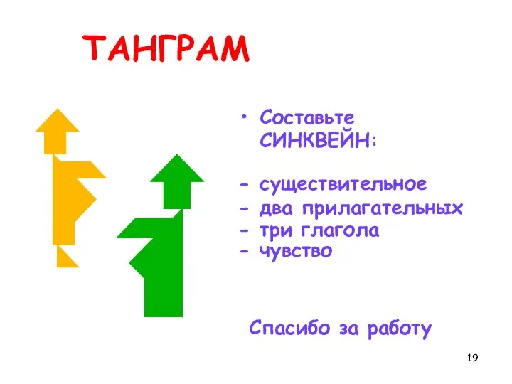 ТАНГРАМ Составьте СИНКВЕЙН: существительное два прилагательных три глагола чувство Спасибо за работу