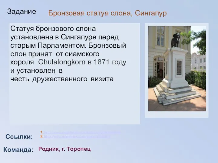 Команда: Ссылки: Задание 1. http://www.megabook.ru/Article.asp?AID=604854 2. http://www.panoramio.com/photo/49649051 Родник, г. Торопец Статуя