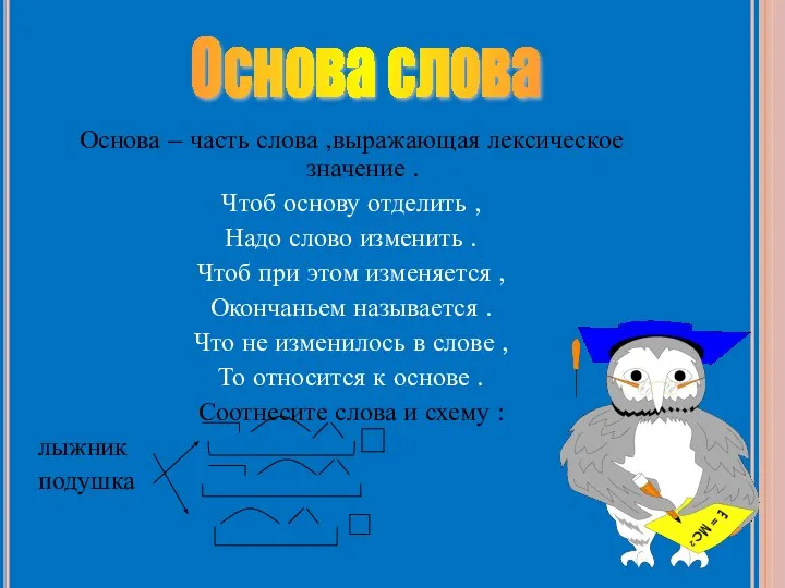 Основа – часть слова ,выражающая лексическое значение . Чтоб основу отделить