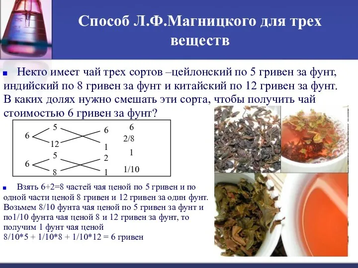 Способ Л.Ф.Магницкого для трех веществ Некто имеет чай трех сортов –цейлонский