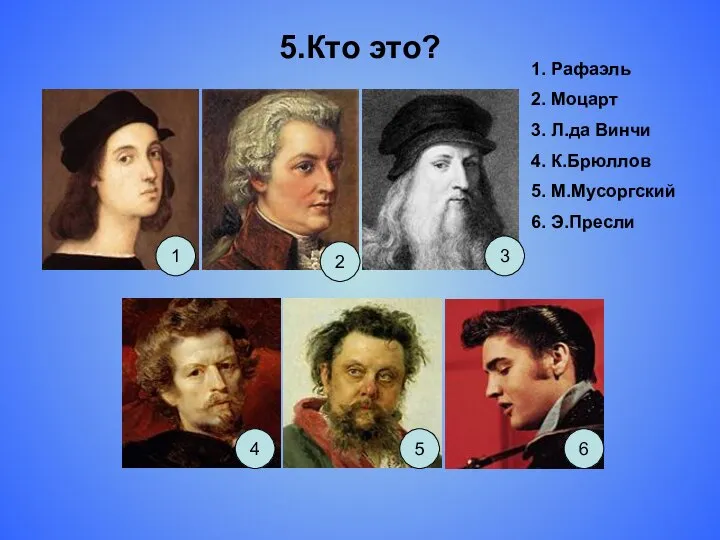 5.Кто это? 1 2 3 4 5 6 1. Рафаэль 2.