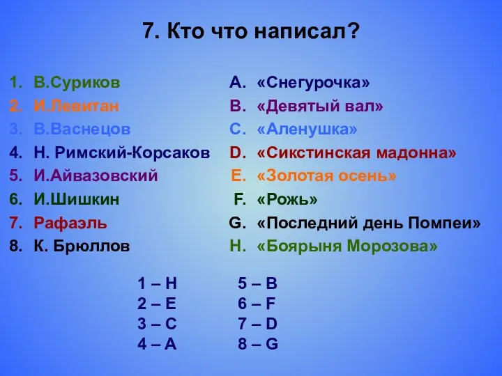 7. Кто что написал? В.Суриков И.Левитан В.Васнецов Н. Римский-Корсаков И.Айвазовский И.Шишкин