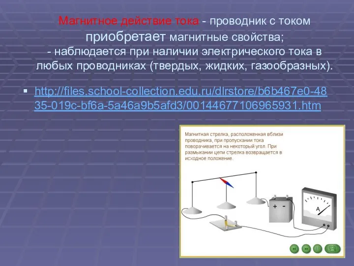 Магнитное действие тока - проводник с током приобретает магнитные свойства; -