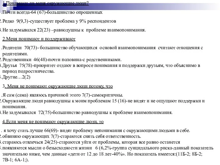 1.Понимают ли меня окружающие люди? Почти всегда-64 (67)-большинство опрошенных Редко 9(9,3)-существует