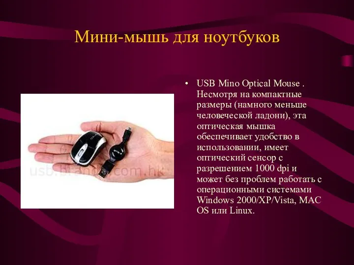 Мини-мышь для ноутбуков USB Mino Optical Mouse . Несмотря на компактные