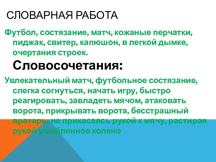 СЛОВАРНАЯ РАБОТА Футбол, состязание, матч, кожаные перчатки, пиджак, свитер, капюшон, в