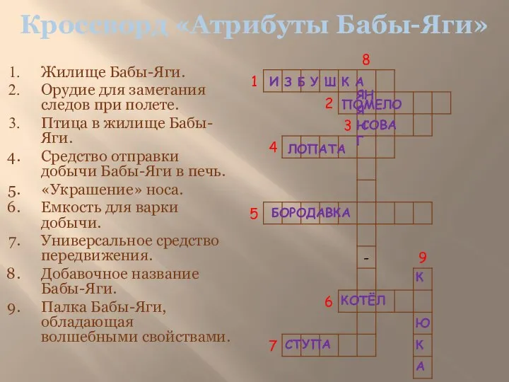 Кроссворд «Атрибуты Бабы-Яги» Жилище Бабы-Яги. Орудие для заметания следов при полете.