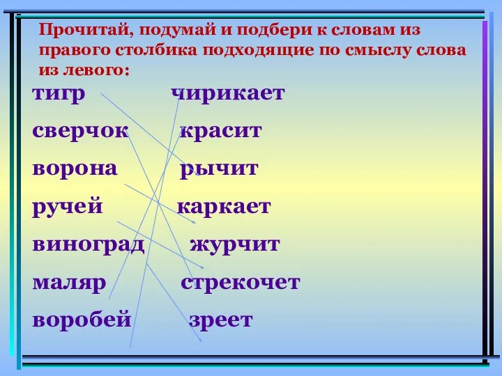 тигр чирикает сверчок красит ворона рычит ручей каркает виноград журчит маляр