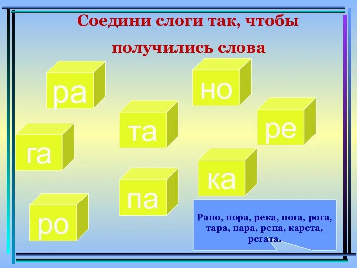 Соедини слоги так, чтобы получились слова ра но га та ре