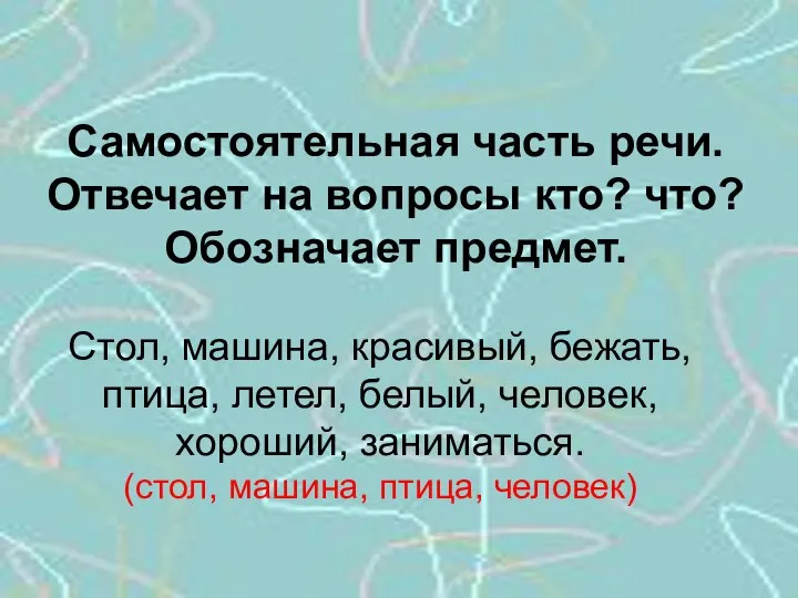 Имя существительное Самостоятельная часть речи. Отвечает на вопросы кто? что? Обозначает