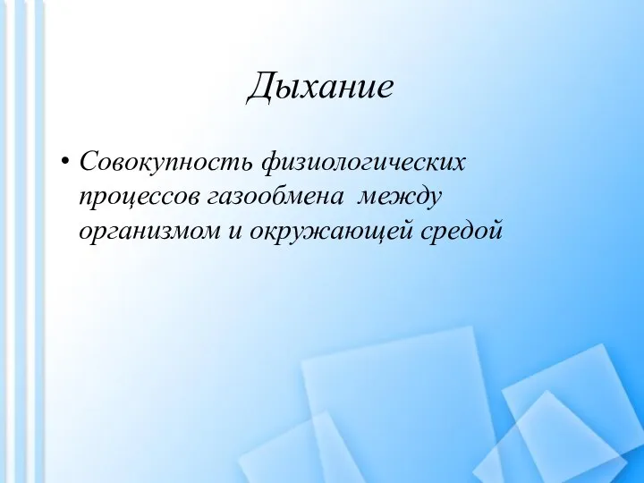 Дыхание Совокупность физиологических процессов газообмена между организмом и окружающей средой