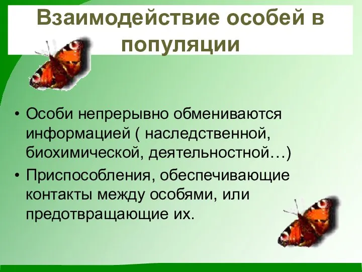 Взаимодействие особей в популяции Особи непрерывно обмениваются информацией ( наследственной, биохимической,