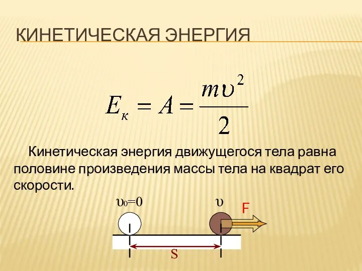 КИНЕТИЧЕСКАЯ ЭНЕРГИЯ υ υ0=0 S F Кинетическая энергия движущегося тела равна