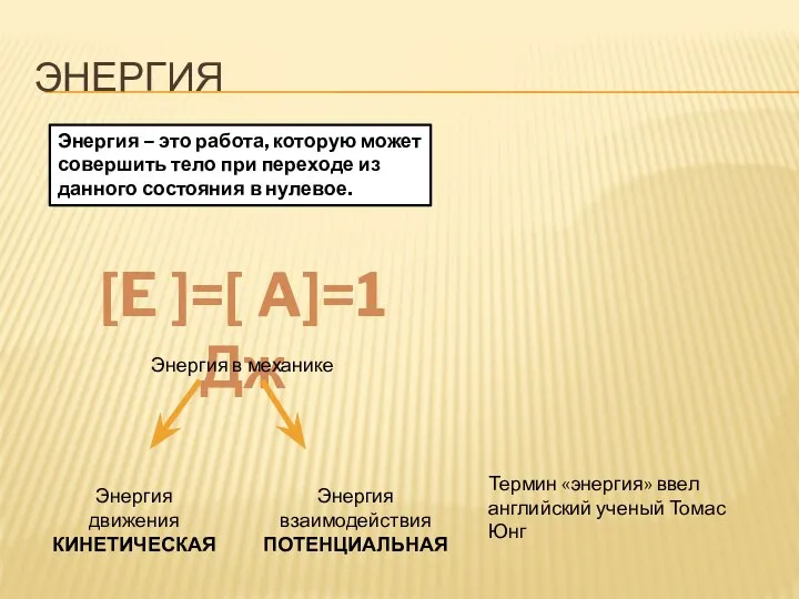 ЭНЕРГИЯ Энергия – это работа, которую может совершить тело при переходе