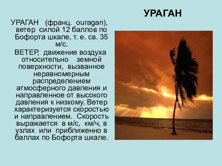 УРАГАН УРАГАН (франц. ouragan), ветер силой 12 баллов по Бофорта шкале,