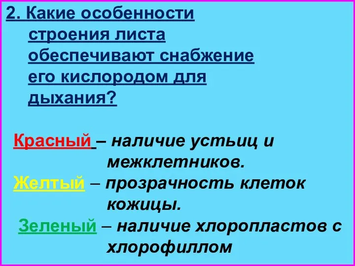 2. Какие особенности строения листа обеспечивают снабжение его кислородом для дыхания?