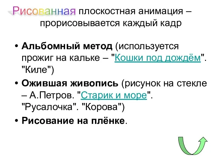 плоскостная анимация – прорисовывается каждый кадр Альбомный метод (используется прожиг на