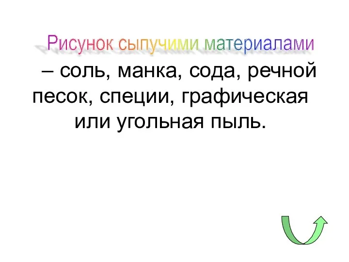 – соль, манка, сода, речной песок, специи, графическая или угольная пыль. Рисунок сыпучими материалами