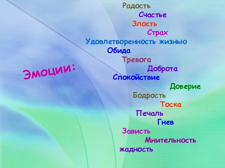 Эмоции: Радость Счастье Злость Страх Удовлетворенность жизнью Обида Тревога Доброта Спокойствие