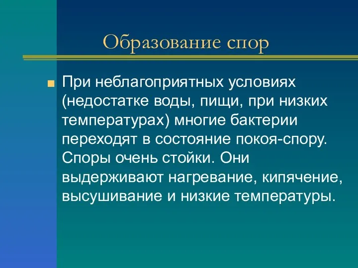 Образование спор При неблагоприятных условиях (недостатке воды, пищи, при низких температурах)