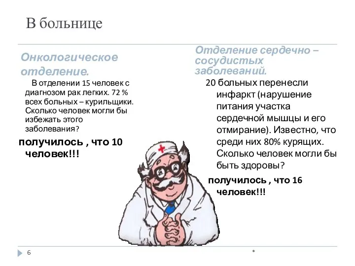 В больнице Отделение сердечно – сосудистых заболеваний. 20 больных перенесли инфаркт