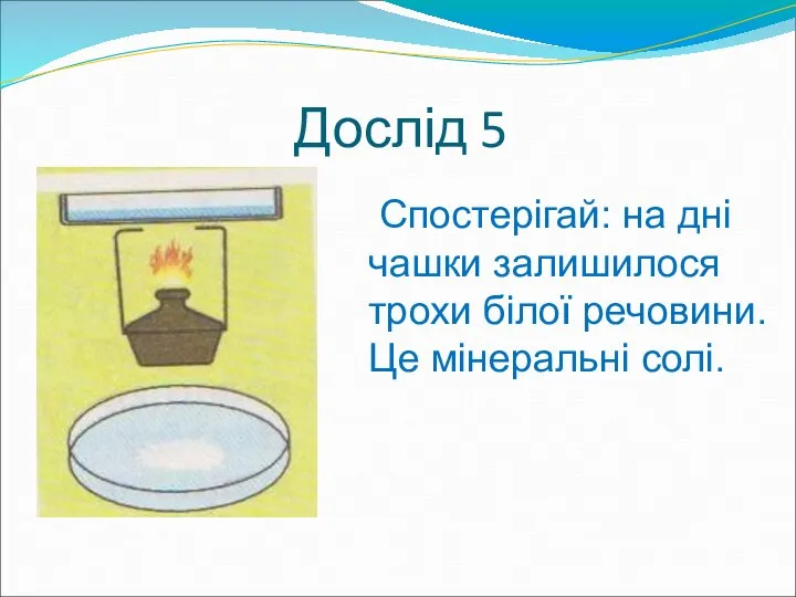 Дослід 5 Спостерігай: на дні чашки залишилося трохи білої речовини. Це мінеральні солі.