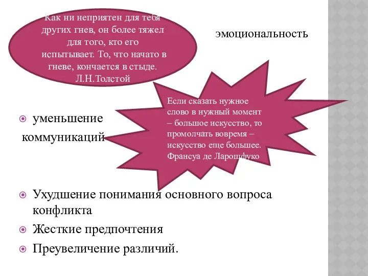 эмоциональность уменьшение коммуникаций Ухудшение понимания основного вопроса конфликта Жесткие предпочтения Преувеличение