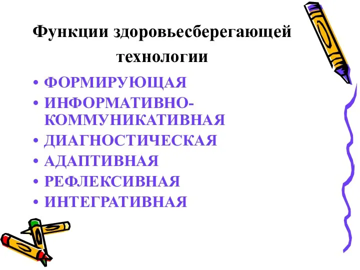 Функции здоровьесберегающей технологии ФОРМИРУЮЩАЯ ИНФОРМАТИВНО-КОММУНИКАТИВНАЯ ДИАГНОСТИЧЕСКАЯ АДАПТИВНАЯ РЕФЛЕКСИВНАЯ ИНТЕГРАТИВНАЯ