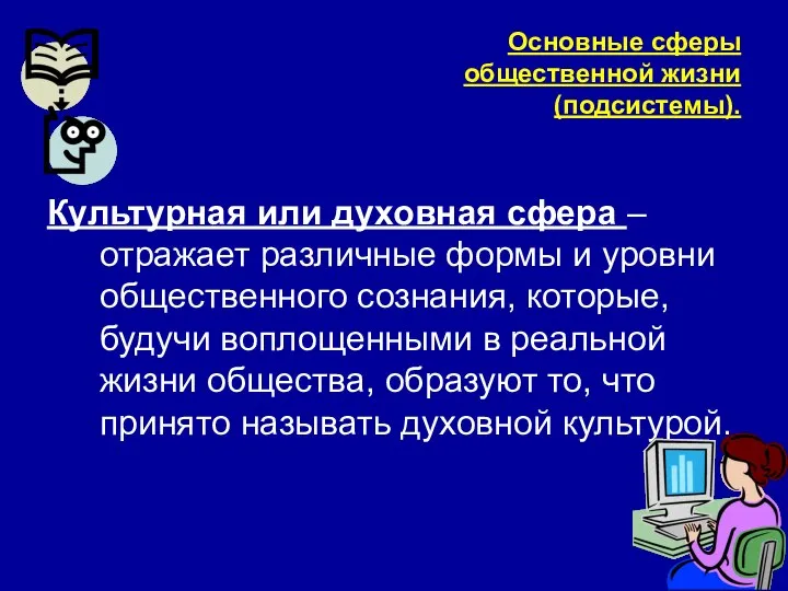 Основные сферы общественной жизни (подсистемы). Культурная или духовная сфера – отражает