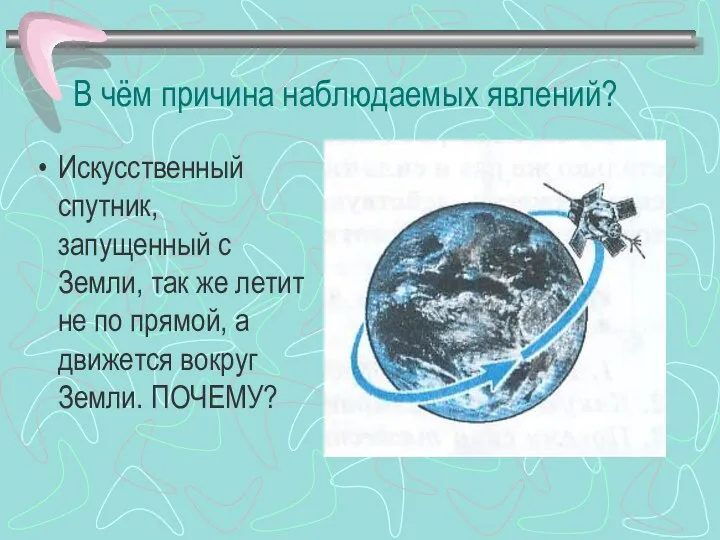 В чём причина наблюдаемых явлений? Искусственный спутник, запущенный с Земли, так