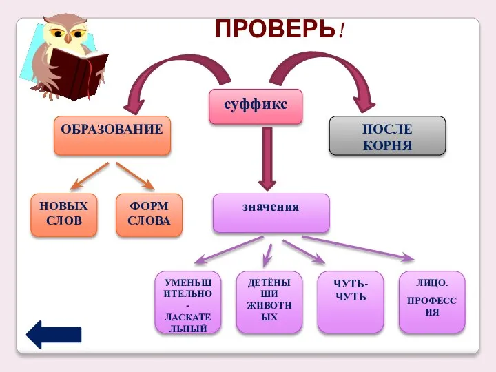 ПРОВЕРЬ! суффикс ОБРАЗОВАНИЕ ПОСЛЕ КОРНЯ значения НОВЫХ СЛОВ ФОРМ СЛОВА УМЕНЬШИТЕЛЬНО-ЛАСКАТЕЛЬНЫЙ ДЕТЁНЫШИ ЖИВОТНЫХ ЧУТЬ-ЧУТЬ ЛИЦО. ПРОФЕССИЯ