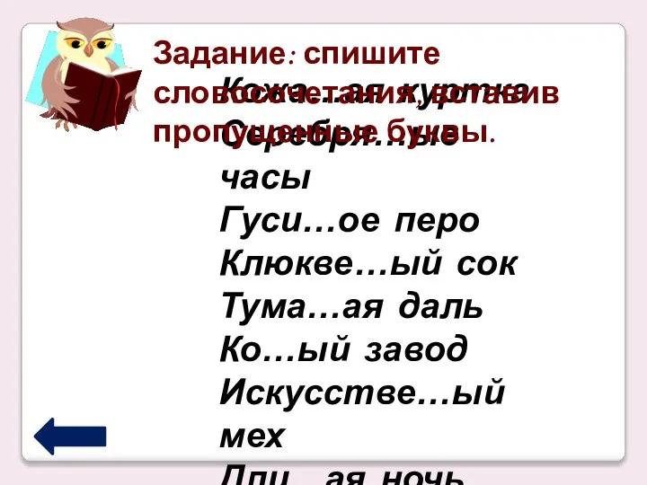 Кожа…ая куртка Серебря…ые часы Гуси…ое перо Клюкве…ый сок Тума…ая даль Ко…ый