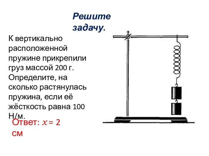 Решите задачу. К вертикально расположенной пружине прикрепили груз массой 200 г.