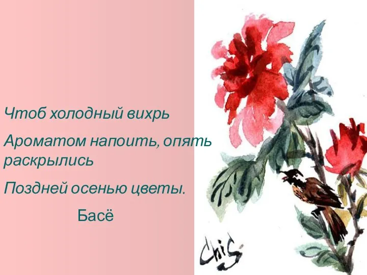 Чтоб холодный вихрь Ароматом напоить, опять раскрылись Поздней осенью цветы. Басё