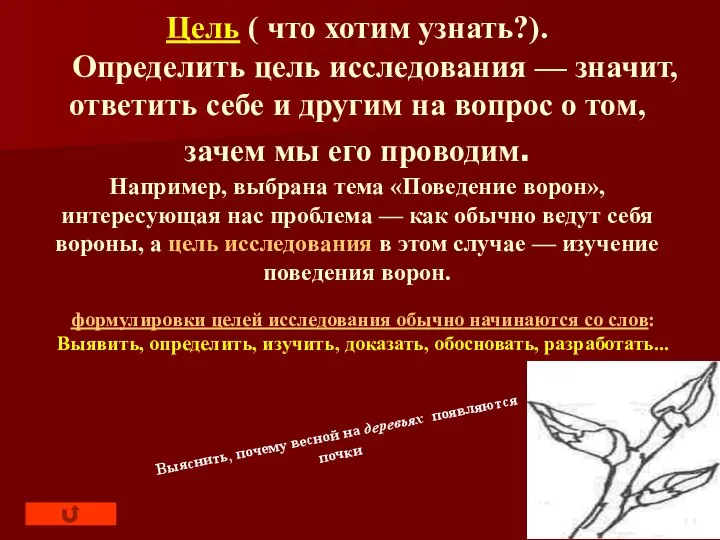 Цель ( что хотим узнать?). Определить цель исследования — значит, ответить